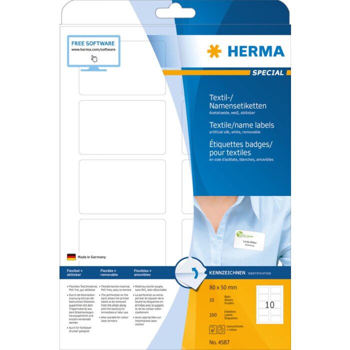 Herma SPECIAL etiquetas con nombre, removibles, A4, 80 x 50 mm, blancas, separables, de acetato de seda, imprimibles