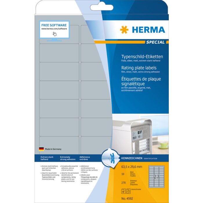 Etiquetas de identificación Herma SPECIAL, plateadas, A4, 63,5 x 29,6 mm, adhesión extremadamente fuerte, resistentes a la intemperie, resistentes al desgarro
