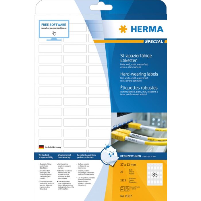 Etiquetas Herma SPECIAL de lámina resistente a la intemperie A4, 37 x 13 mm, blancas, adhesión extremadamente fuerte