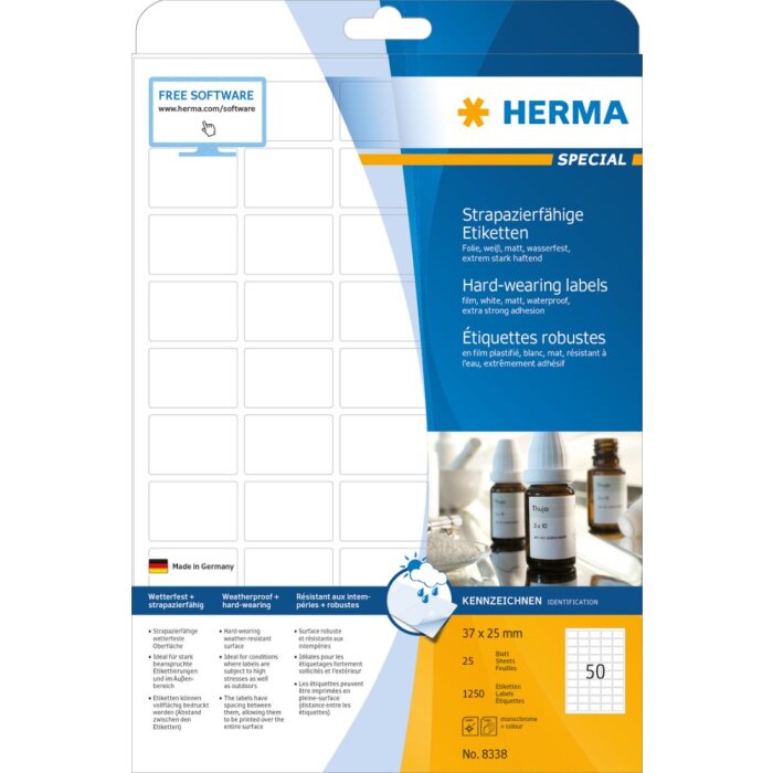 Etiquetas Herma de lámina resistente a la intemperie A4, 37 x 25 mm, blancas, adhesión extremadamente fuerte