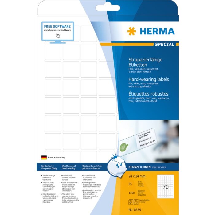 Etiquetas Herma de lámina resistente a la intemperie A4, 24 x 24 mm, blancas, adhesión extremadamente fuerte