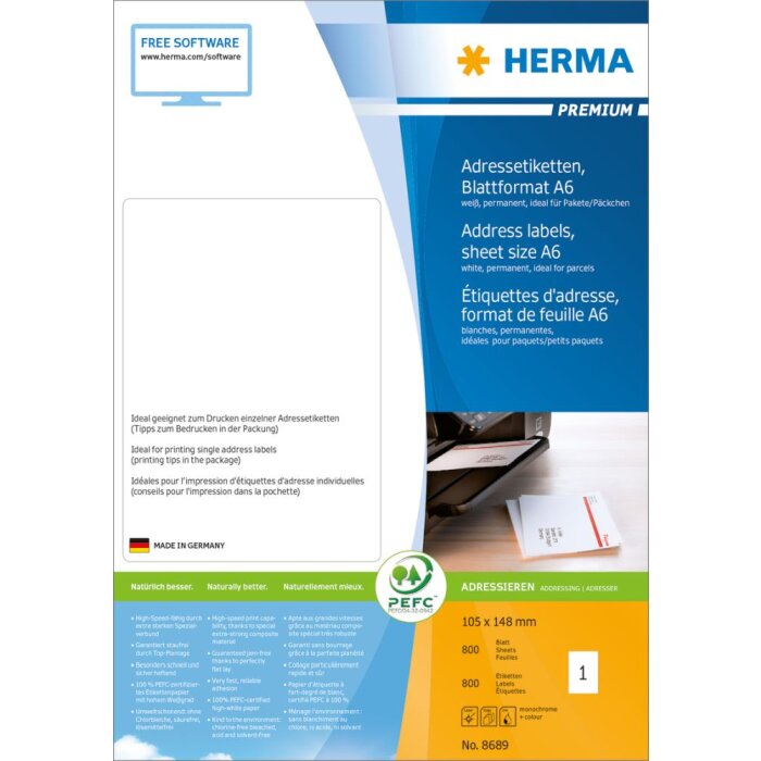 Etiquetas de dirección Herma PREMIUM, A6, 105 x 148 mm, blancas, adhesivo permanente