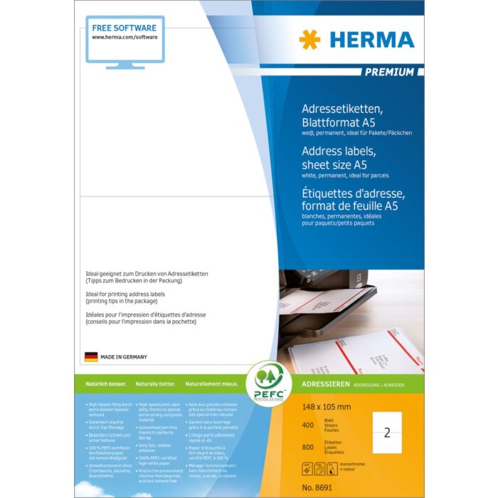 Etiquetas de dirección Herma PREMIUM, A5, 148 x 105 mm, blancas, adhesivo permanente