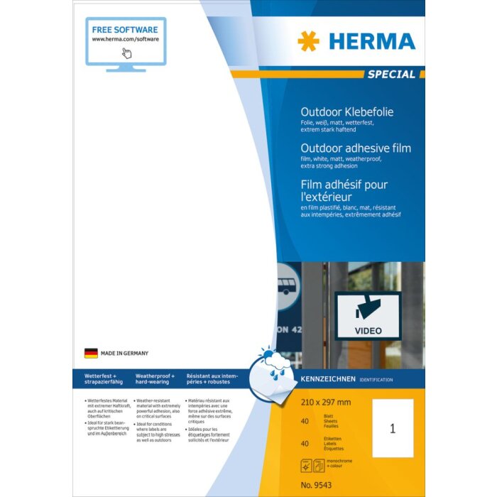 Etiquetas Herma SPECIAL de lámina para exteriores resistentes a la intemperie A4, 210 x 297 mm, blancas, adhesión extremadamente fuerte, estirables