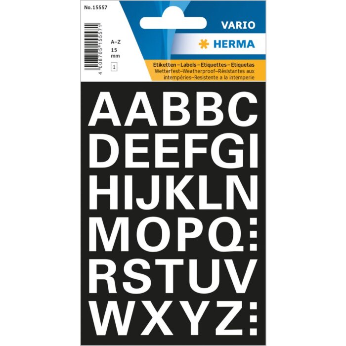 Herma letras 15 mm A-Z blanco, lámina resistente a la intemperie