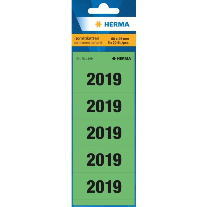 Herma números del año 2019 para carpetas, 60 x 26 mm, verde, adhesivo permanente