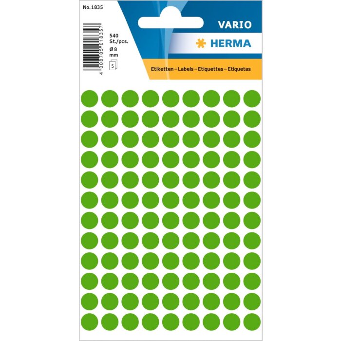 Etiquetas multiuso verde Ø 8 mm papel redondo mate 540 unid.