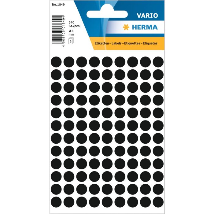 Etiquetas multiuso negras Ø 8 mm papel redondo mate 540 unid.