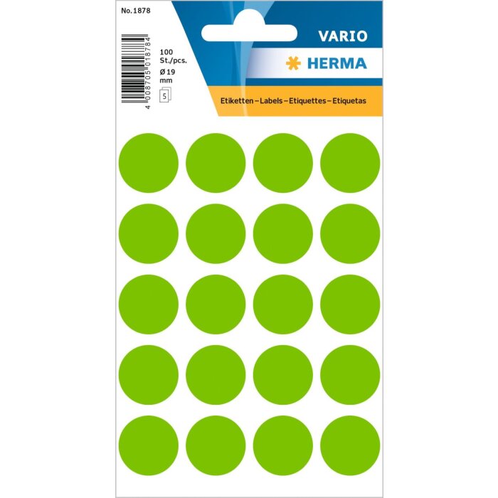 Etiquetas multiuso verde Ø 19 mm papel redondo mate 100 unid.