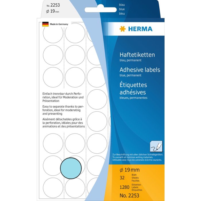 Etiquetas multiuso azul Ø 19 mm papel redondo mate 1280 unid.