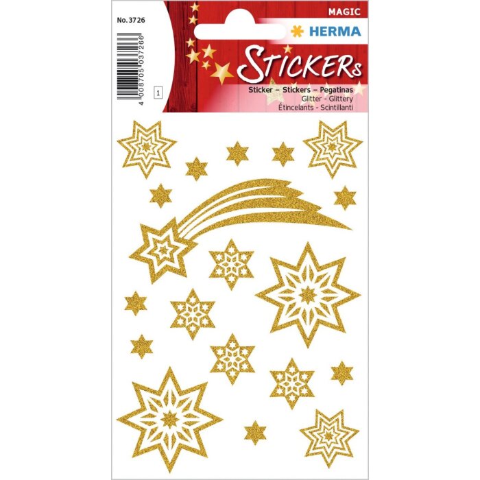 Pegatina de Navidad HERMA MAGIC estrellas + cola, purpurina