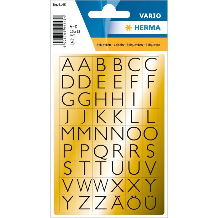 HERMA letras 13x12 mm A-Z pan de oro negro 4 hojas.