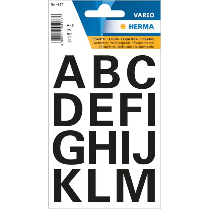 Letras 25 mm A-Z folio intemperie negro 2 hojas.