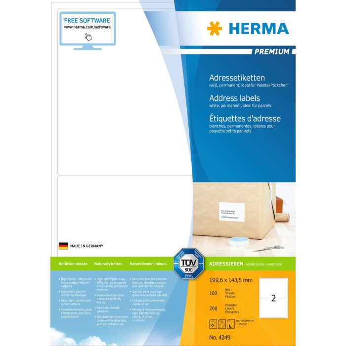 Etiquetas para direcciones Premium A4, papel blanco 199,6x143,5 mm mate 200 unid.