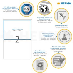 Etiquetas para direcciones Premium A4, papel blanco 199,6x143,5 mm mate 200 unid.