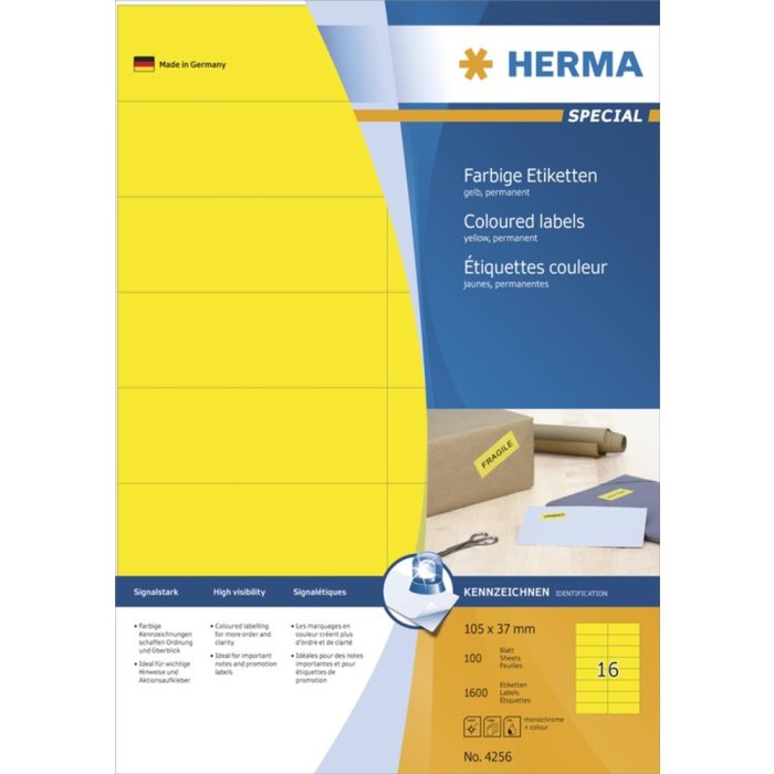 Etiquetas A4 amarillo 105x37 mm papel mate 1600 unid.