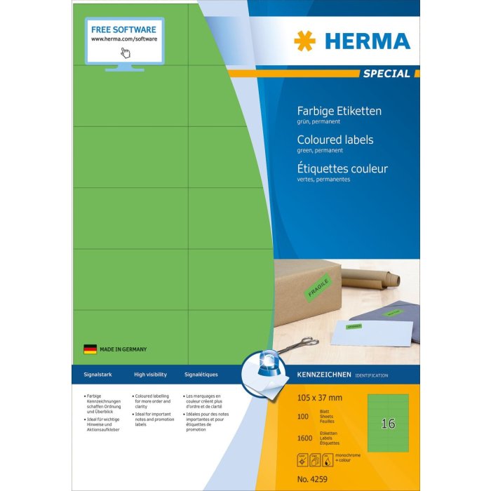 Etiquetas A4 verde 105x37 mm papel mate 1600 unid.