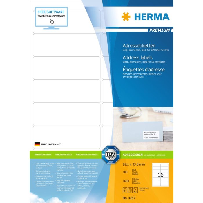 Etiquetas para direcciones Premium A4, papel blanco 99,1x33,8 mm mate 1600 unid.