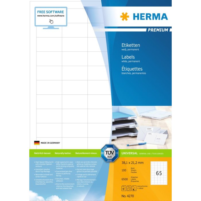 Etiquetas Premium A4, blanco 38,1x21,2 mm papel mate 6500 unid.