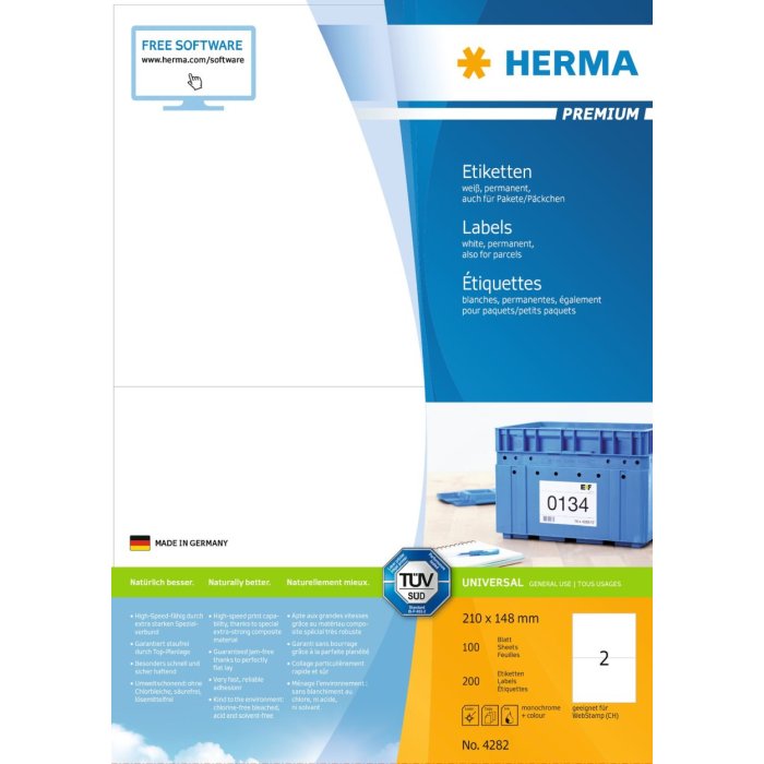 Etiquetas Premium A4, papel blanco 210x148 mm mate 200 unid.
