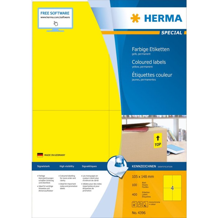 Etiquetas A4 amarillo 105x148 mm papel mate 400 unid.
