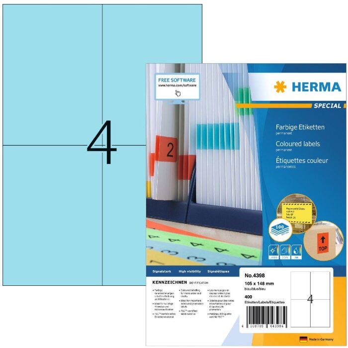 Etiquetas A4 azul 105x148 mm papel mate 400 unid.