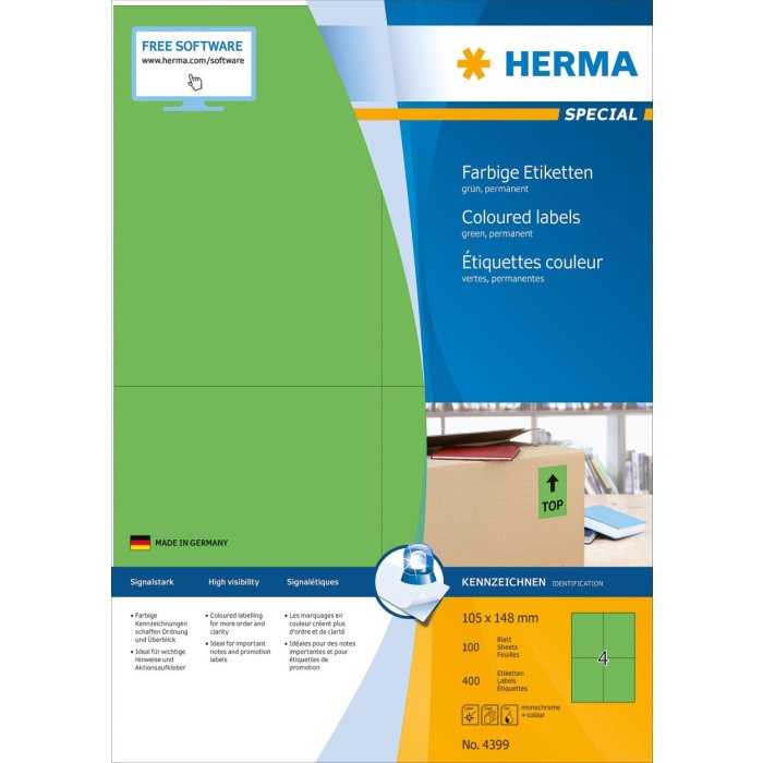 Etiquetas A4 verde 105x148 mm papel mate 400 unid.