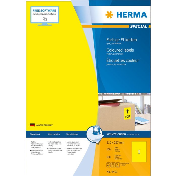 Etiquetas A4 amarillo 210x297 mm papel mate 100 unid.