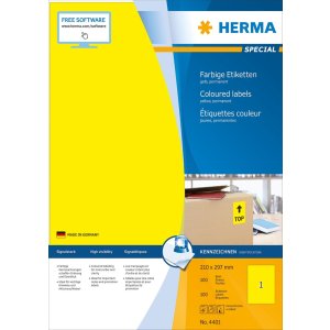Etiquetas A4 amarillo 210x297 mm papel mate 100 unid.