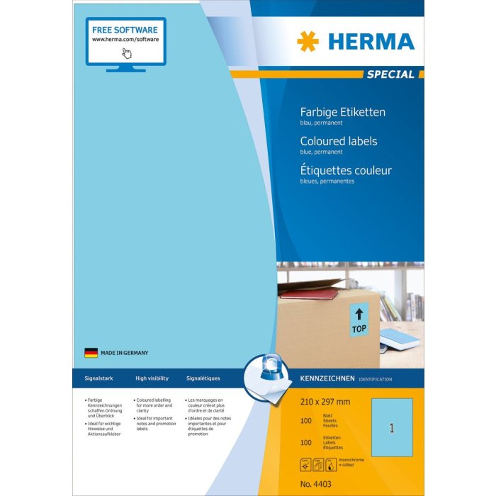 Etiquetas A4 azul 210x297 mm papel mate 100 unid.