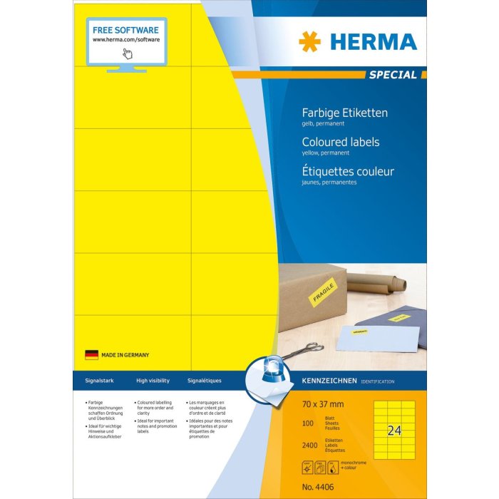 Etiquetas A4 amarillo 70x37 mm papel mate 2400 unid.