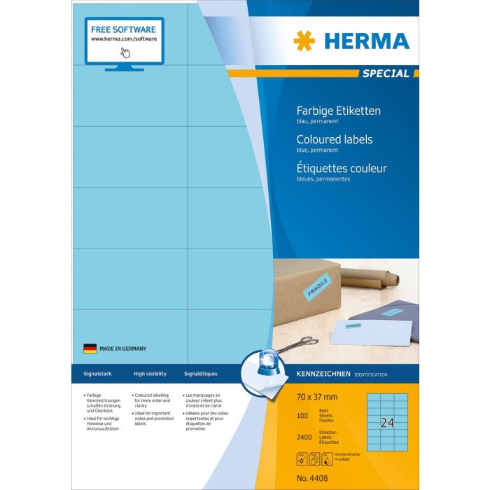 Etiquetas A4 azul 70x37 mm papel mate 2400 unid.