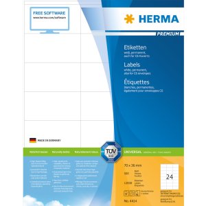 Etiquetas Premium A4, papel blanco 70x36 mm mate 12000 unid.