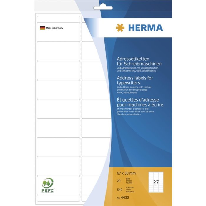 Etiquetas de direcciones para máquinas de escribir A4 67x30 mm papel mate esquinas redondas 540 unid.