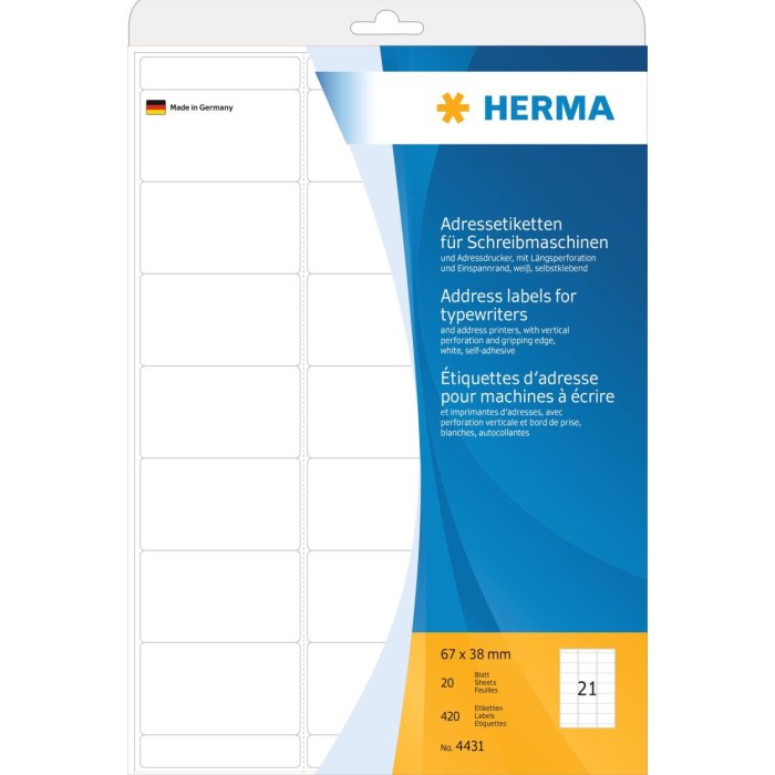 Etiquetas de direcciones para máquinas de escribir A4 67x38 mm papel mate esquinas redondas 420 unid.