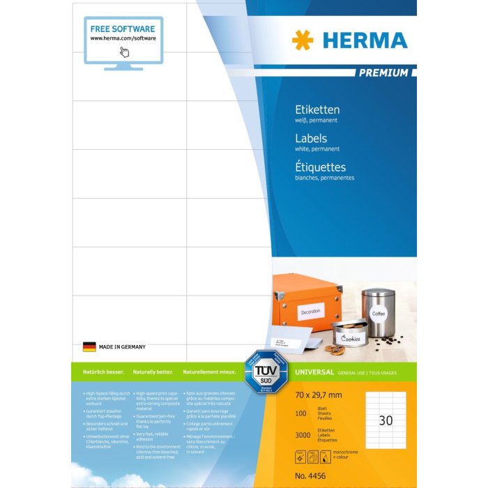 Etiquetas Premium A4, blanco 70x29,7 mm papel mate 3000 unid.