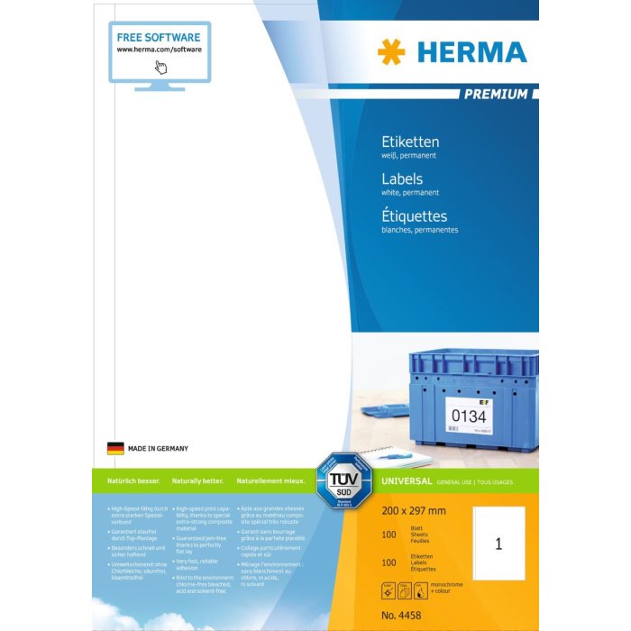 Etiquetas Premium A4, papel blanco 200x297 mm mate 100 unid.