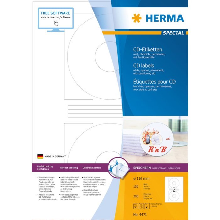 Etiquetas CD A4 blanco Ø 116 mm papel mate opaco 200 unidades