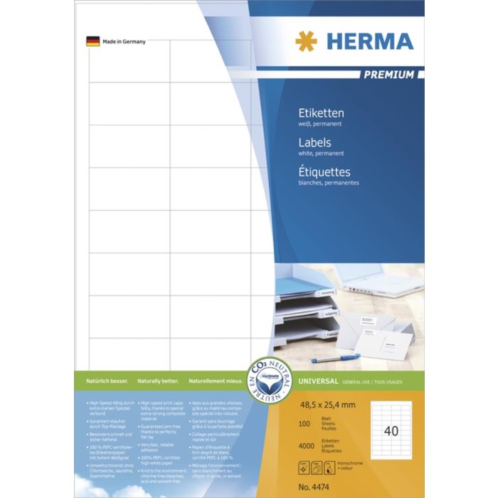 Etiquetas Premium A4, papel blanco 48,5x25,4 mm mate 4000 unid.