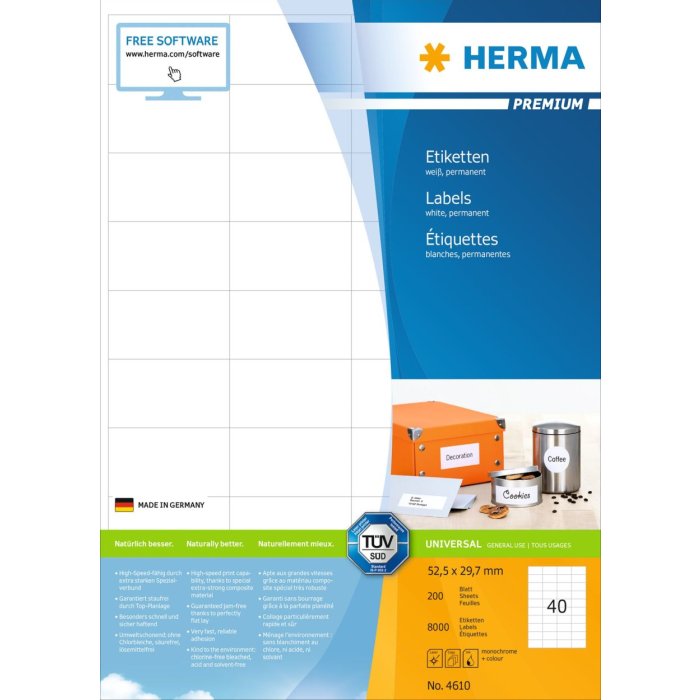 Etiquetas Premium A4, papel blanco 52,5x29,7 mm mate 8000 unid.