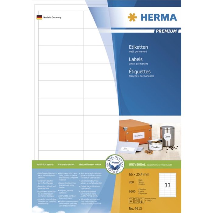 Etiquetas Premium A4, papel blanco 66x25,4 mm mate 6600 unid.