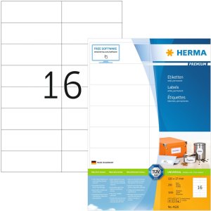 Etiquetas Premium A4, papel blanco 105x37 mm mate 3200 unid.