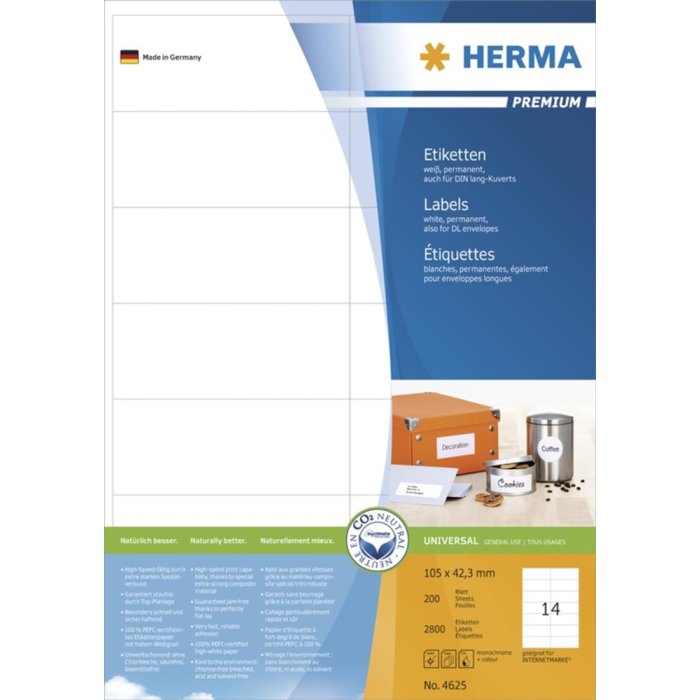 Etiquetas Premium A4, blanco 105x42,3 mm papel mate 2800 unid.