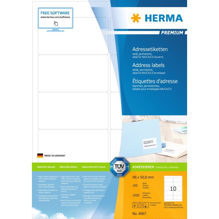 Etiquetas para direcciones Premium A4, papel blanco 96x50,8 mm mate 1000 unid.