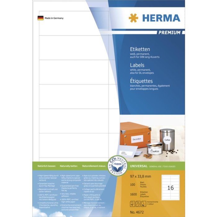 Etiquetas Premium A4, papel blanco 97x33,8 mm mate 1600 unid.