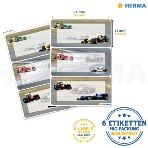 Etiquetas escolares coches de carreras, brillaban