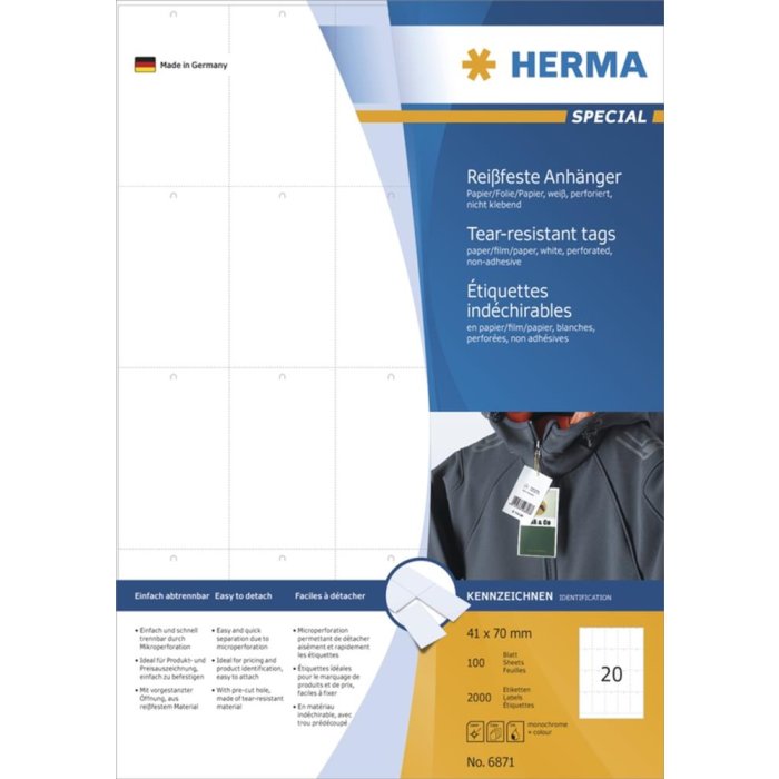Etiqueta resistente al desgarro A4 42x70 mm papel blanco-lámina-papel perforado no adhesivo 2000 unid.