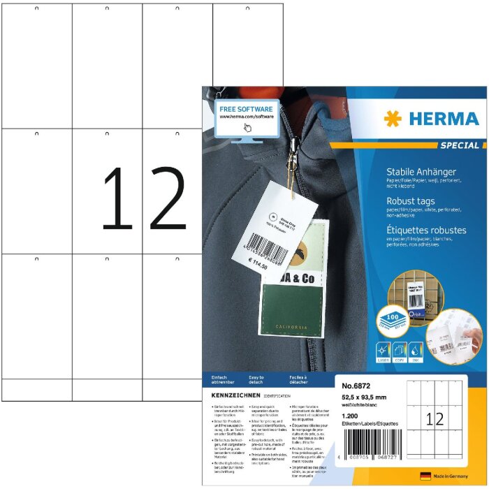 Etiqueta resistente al desgarro A4 52,5x93,5 mm papel blanco-lámina-papel perforado no adhesivo 1200 unid.