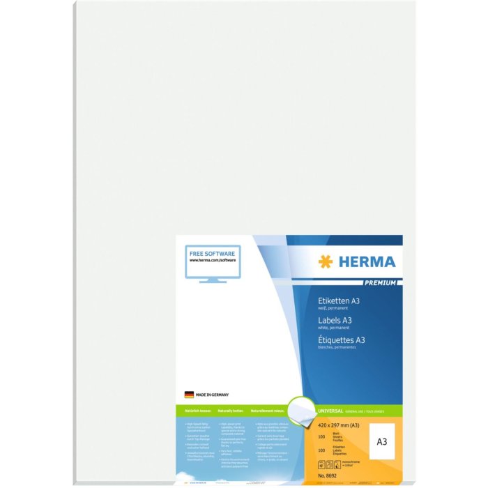 Etiquetas A3 Premium, papel blanco 297x420 mm mate 100 unid.