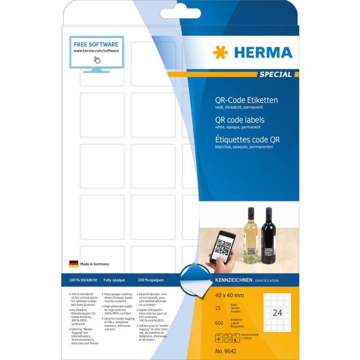 Etiquetas código QR A4 40x40 mm cuadradas papel blanco mate opaco 600 unid.